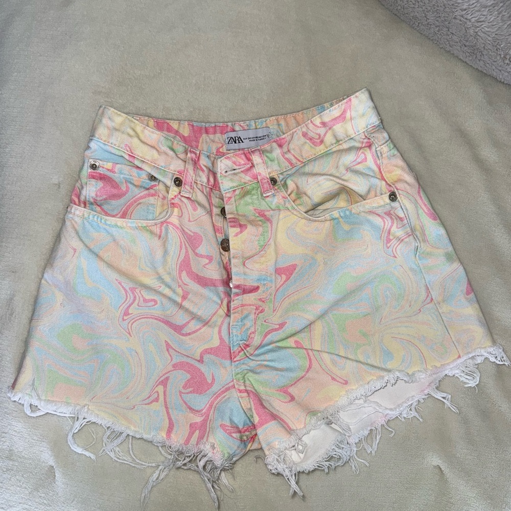 zara marbled denim shorts